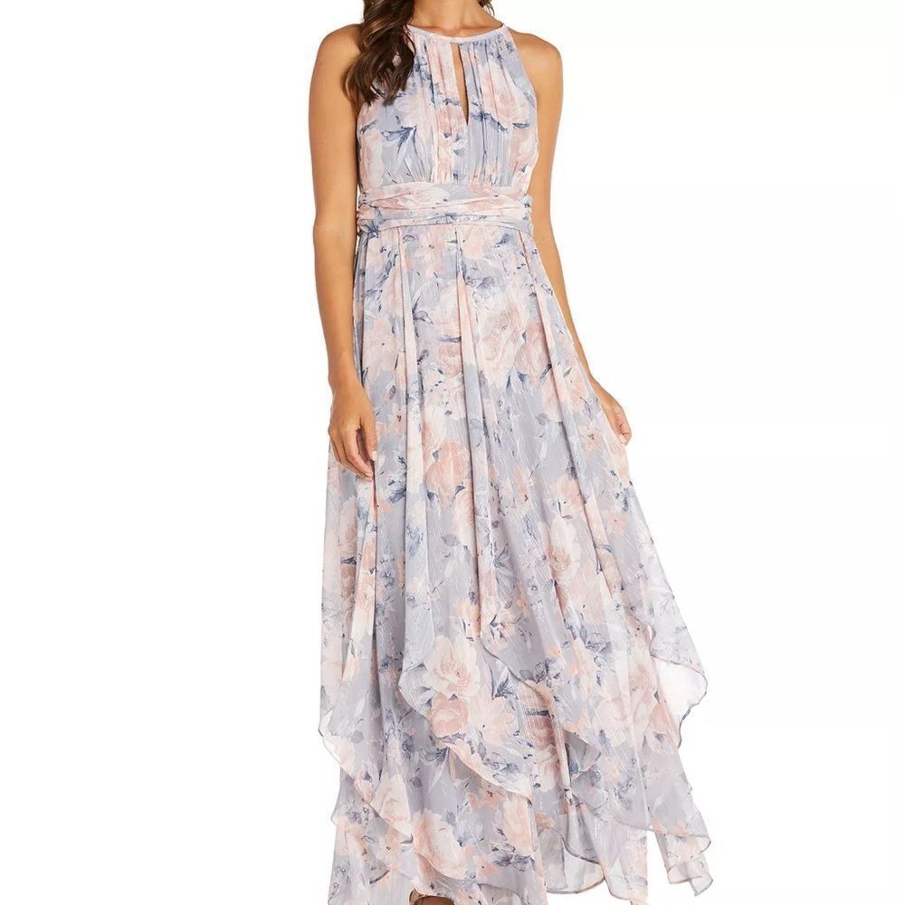 R & M Richards Blush Pink and Powder Blue Floral Halter Maxi Dress